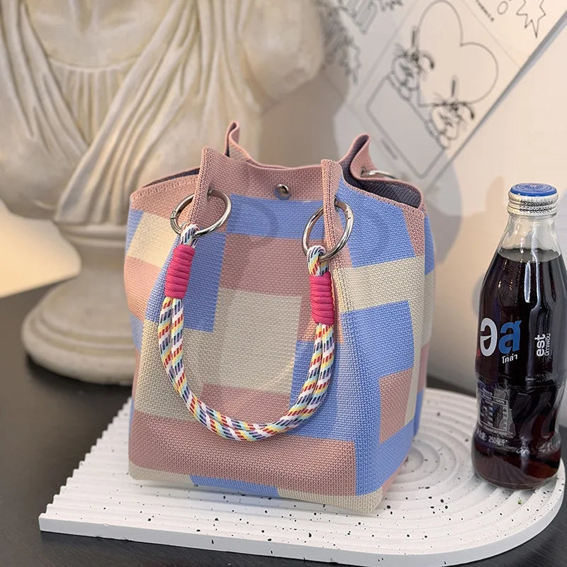 Color Block Handbag Lightweight Metal Ring Handbag Knit Tote Bag Spacious Polyester Storage Bag For Shopping Casual Travel