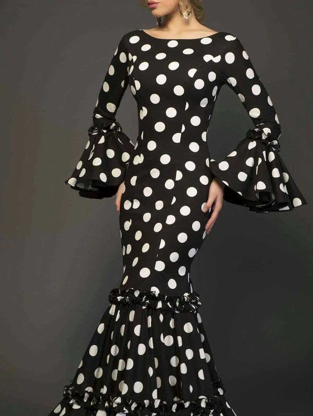 Polk Dot Printed Elegant Mermaid Dress Flare Sleeve Round Neck Party Club Ruffle Wedding Guest Cocktail Formal Dresses 2025