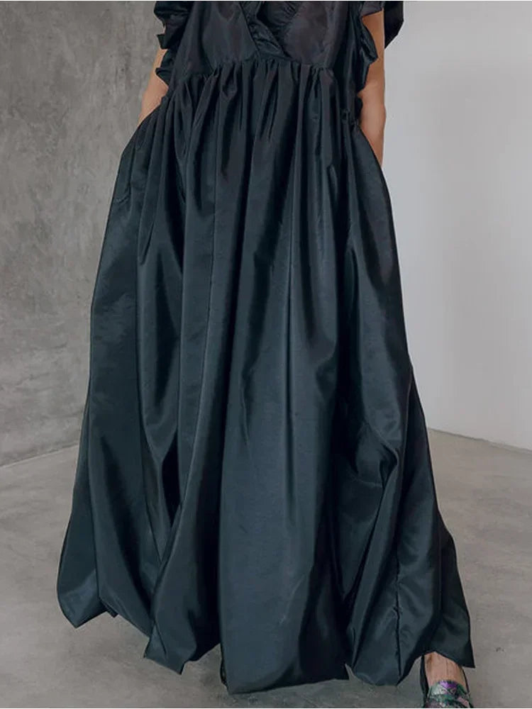 Elegant Women's Pleated Dress A-line Loose Ruffle Sleeveless Summer Casual Vintage Fashion V-Neck Summer Dress for Female
