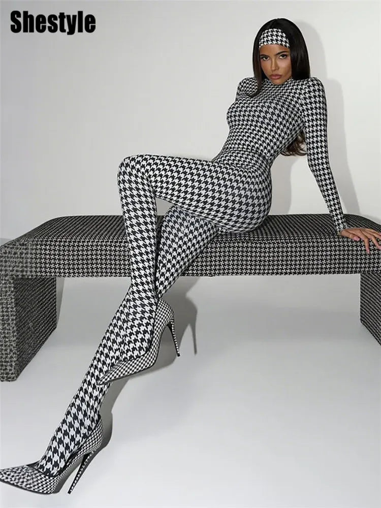 Shestyle Plaid Bodycon Jumpsuits Women with Stocking Sporting Turtleneck Casual Winter Fashion New Zipper Fitness Clothing New
