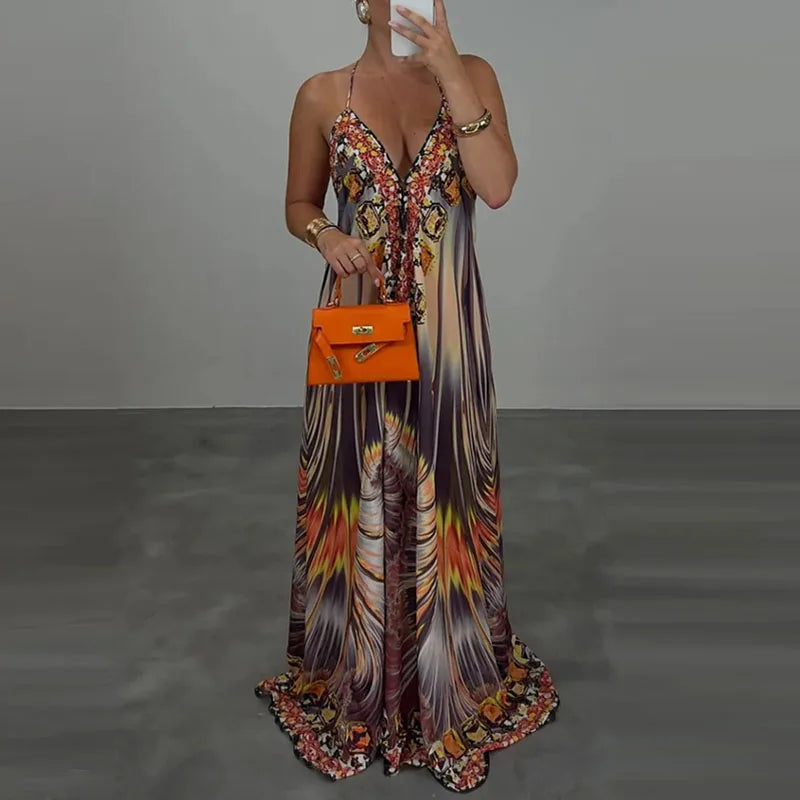 Casual High Waist Evening Party Dress Sexy V-neck Backless Sleeveless Vacation Robes Elegant Bohemian Printed Women Loose Dress