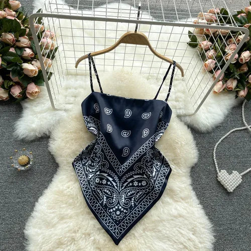 Women Sexy Backless asymmetrical lace-up Camis Print Tank Top Chic One-piece Corset Bustier Summer Beach vacation Crop Top