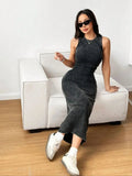 Women's Summer Round Neck Pleated Bodycon Casual Cami Dress,Holiday Outfits,Summer Dresses for Women