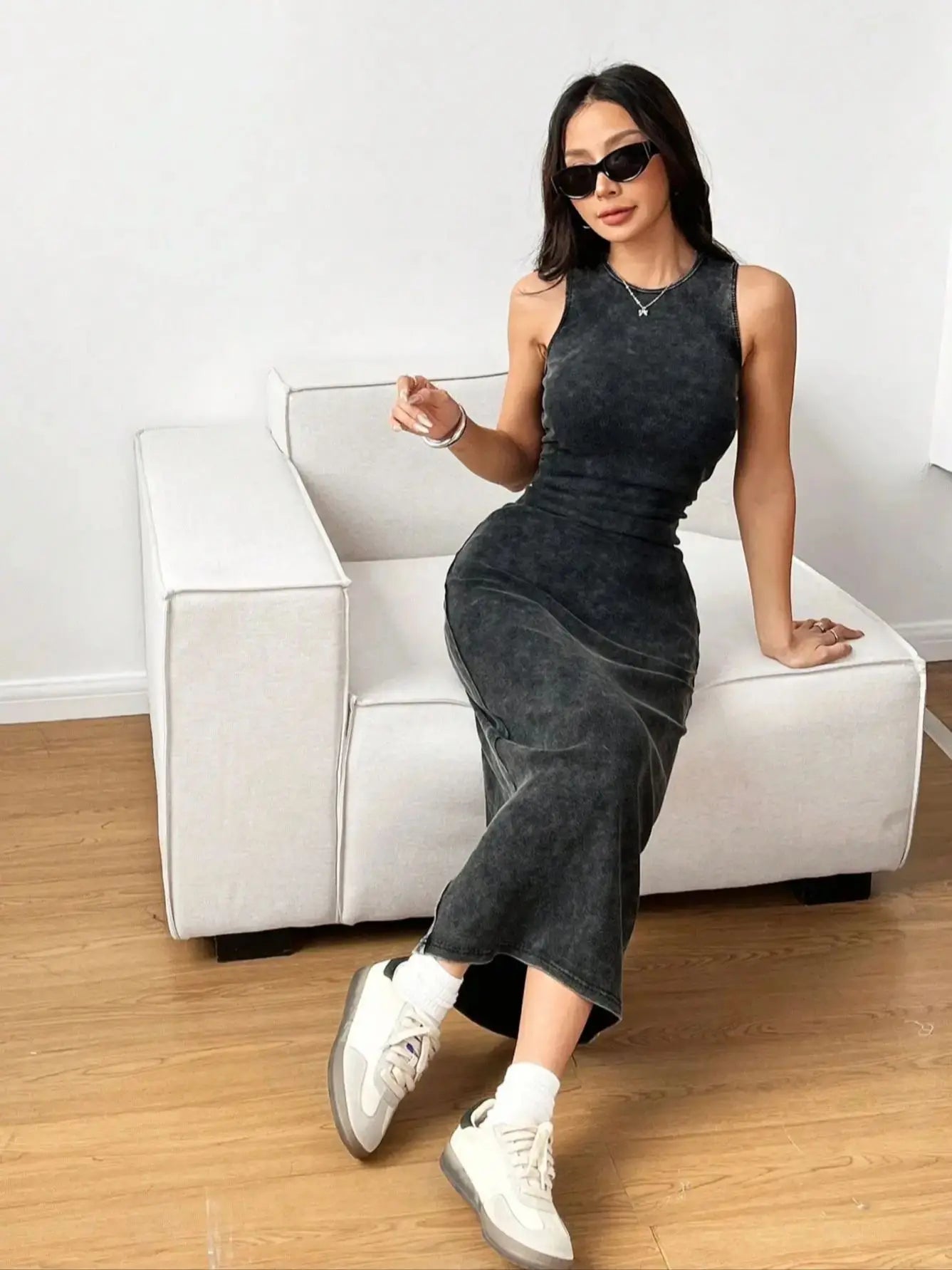 Women's Summer Round Neck Pleated Bodycon Casual Cami Dress,Holiday Outfits,Summer Dresses for Women