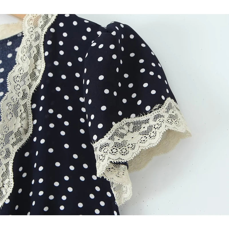 YENKYE 2025 Women Navy Blue Polka Dot Long Dress Lace Trim V Neck Short Sleeve A-line Elegant Holiday Dresses Summe Maxi Robe