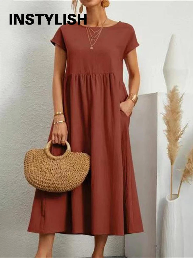 Vintage Solid Midi Dress Casual Short Sleeve Cotton and Linen Harajuku Oversized Long Dress Women Summer Y2K Maxi Sundress 2023