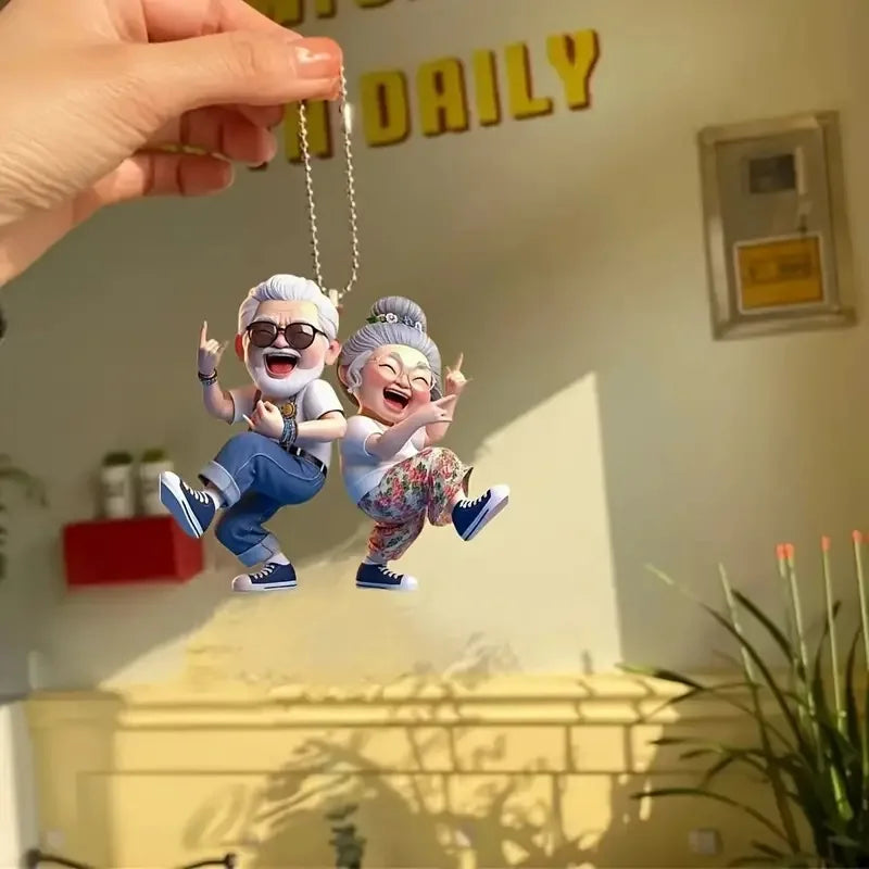 Trendy Hip Couple Elderly 2D Flat Acrylic Pendant Car Keychain Car Rearview Mirror Backpack Pendant Home Decoration Pendant Gift