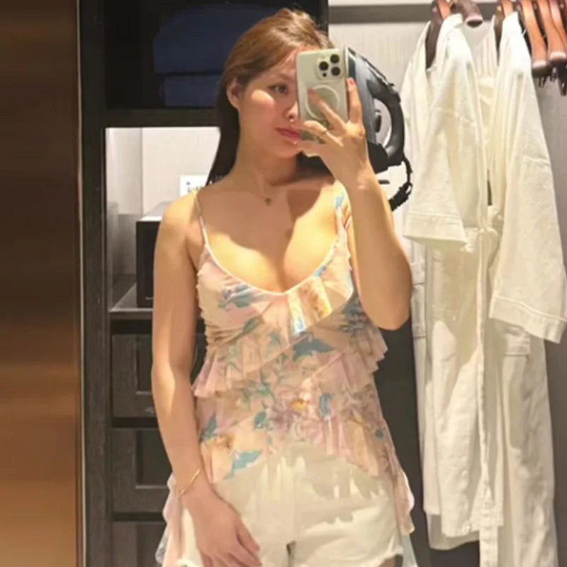 HXAO Leopard Mesh Top Women Tanks & Camis Summer 2025 Sexy Layered Sleeveless Tops For Woman Ruffled Backless Tulle Camisole 066