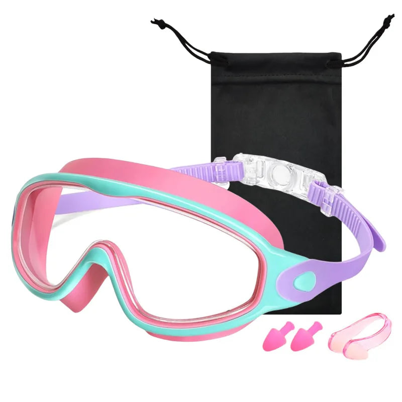 Large Frame Kids Swim Goggles 3-15YDS Boys Girls Youth Wide Vision Anti-UV Anti-Fog No Leak Soft Silicone Pool Swimming Eyewear