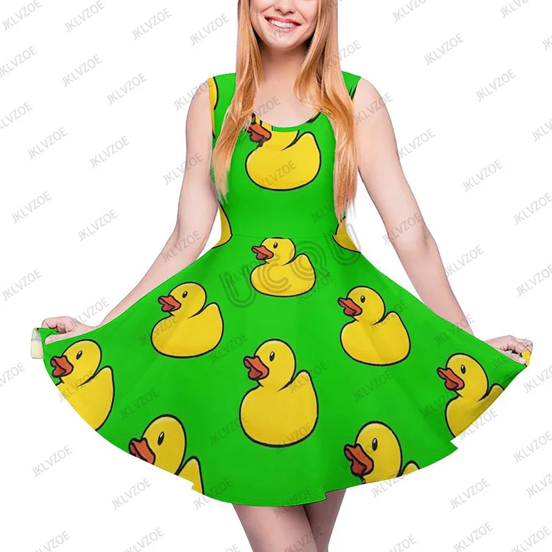 Summer New Fashion Yellow Classic Ducks Graphic Women Sleeveless Dress Kawaii Animal Aesthetic Dresses Female Kawaii Dress