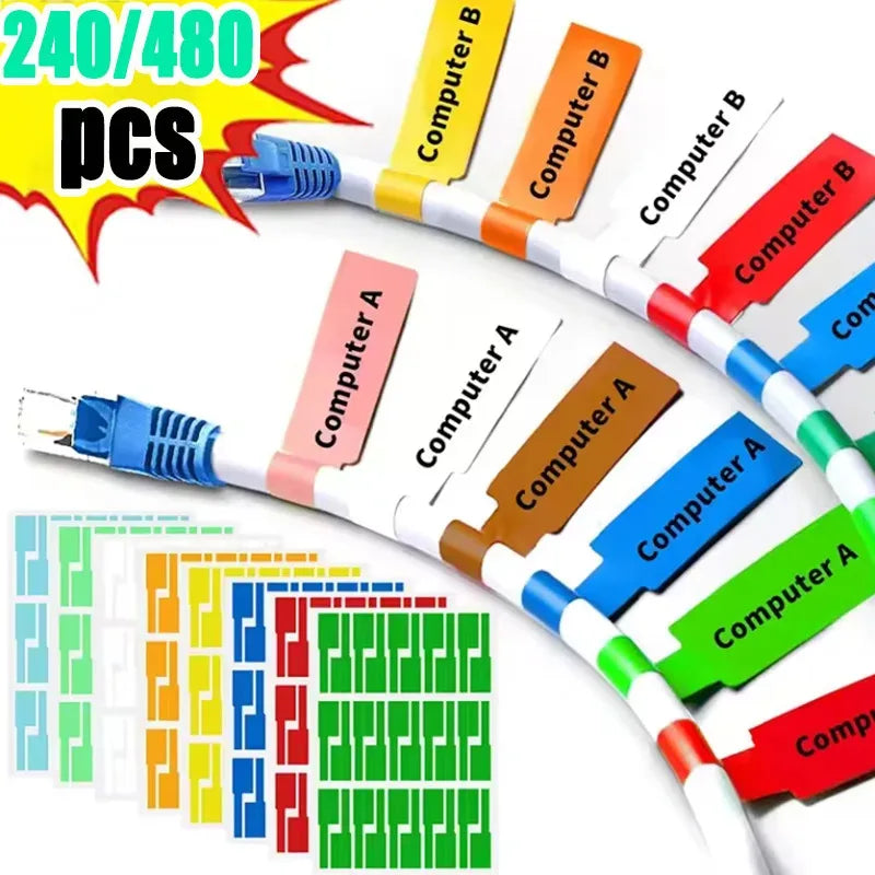 240/480pcs Self-Adhesive Cable Labels Colorful Waterproof Wire Marking Ties Laser Printer Stickers Fiber Wire Labels Organizers