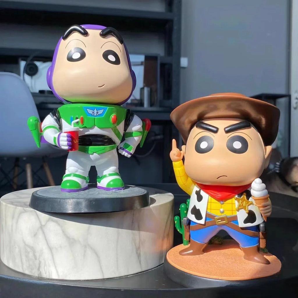 Cartoon Crayon Xiaoxin Cosplay Woody Buzz Lightyear Action Figure Statue Car Ornament Desktop Decoration Gift Collect Toys Model
