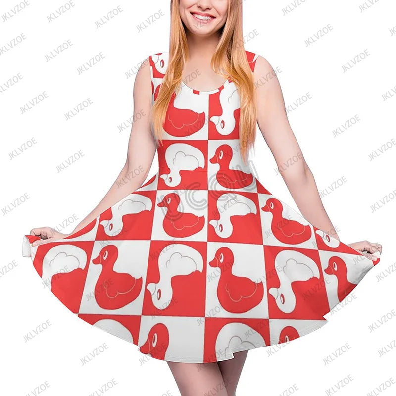 Summer New Fashion Yellow Classic Ducks Graphic Women Sleeveless Dress Kawaii Animal Aesthetic Dresses Female Kawaii Dress