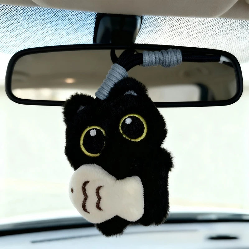 Rearview Mirror Pendant Decoration Cool Plush Black Cat Keychain Bag Pendant Charms Car Keyring Accessories for Men and Women