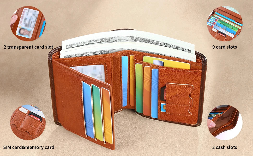 GERUOLA Slim RFID Shielded Genuine Leather Wallet for Men-Multifunctional ID & Credit Card Holder Dark Brown with Embellishments