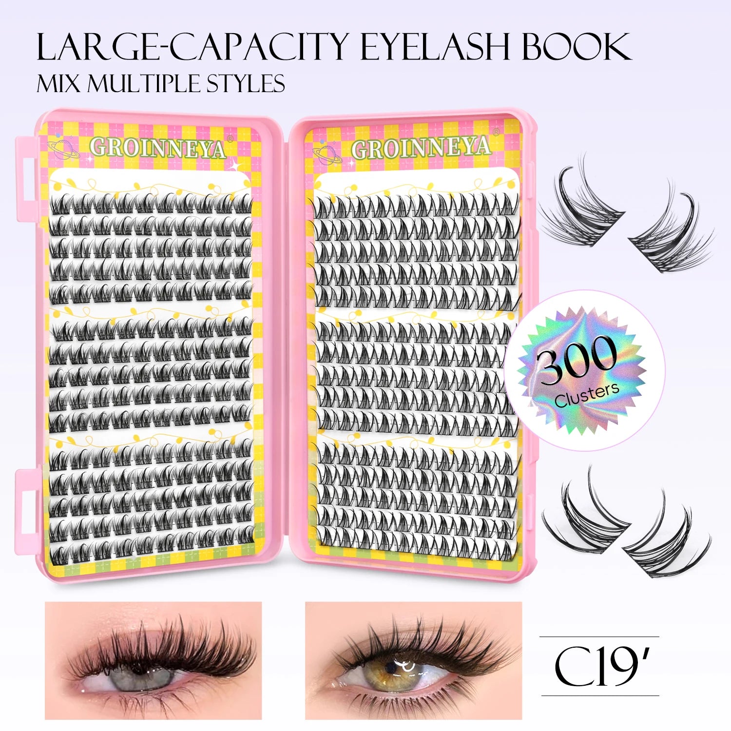 GROINNEYA Eyelashes Clusters 320 pcs Natural Eyelash extension Cluster Lashes Volume Mixed Tray Lashes Cluster Natural Lashes