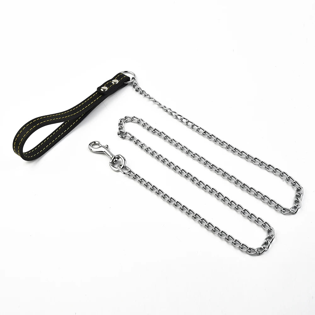 Metal Chain Dog Lead with Leather Style Handle Strong Control Leash Iron Dog Pets Supplies Collars Harnesses Chain Traction Rope