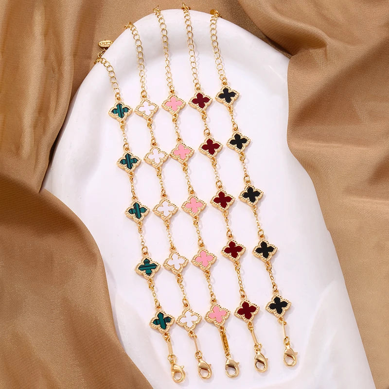 Luxury Vintage Rhinestone Four Leaf Clover Bracelet for Women Girls Fashion Five Leaf Flower Wrist Chain Jewelry Bijoux Gifts