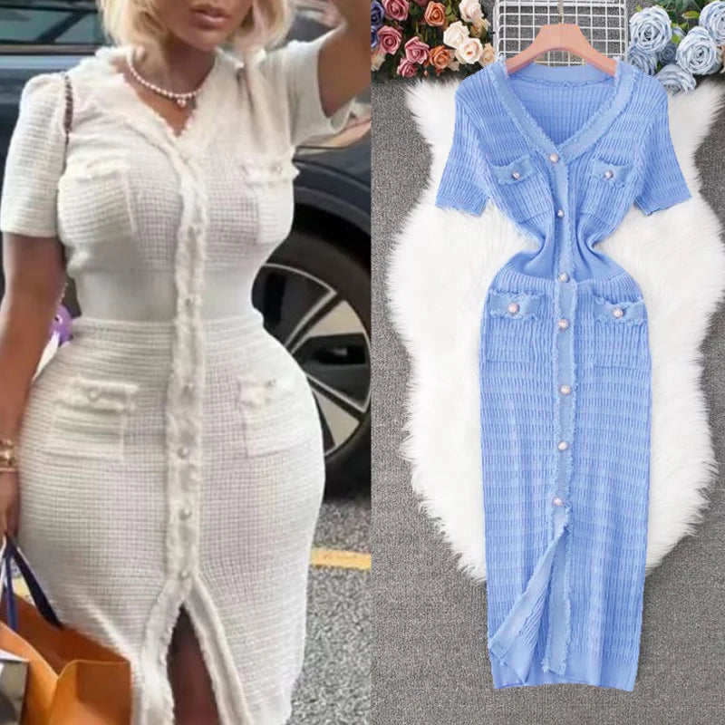 YuooMuoo 2026 New Arrival Women Knitted Long Dress Elegant V-neck Single-breasted Split Sweater Dress Office Lady Vestidos