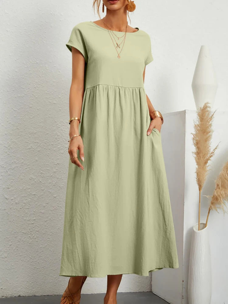 Vintage Solid Midi Dress Casual Short Sleeve Cotton and Linen Harajuku Oversized Long Dress Women Summer Y2K Maxi Sundress 2023