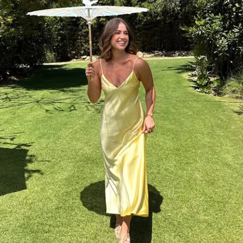HXAO Womens Yellow Slip Dress Summer 2025 Woman Satin V-Neck Party Dresses Elegant Evening Sleeveless Backless Long Vestidos 066