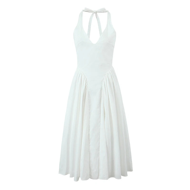 YENKYE Sexy Backless Green Elegant Halter Dress For Women Low Waist A-line Midi Summer Evening Party Dresses Cotton Robe