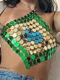Sexy halter metal sequin Crop top women 2026 summer see through shiny Club rave outfits beach party tank top y2k streetwear Tops