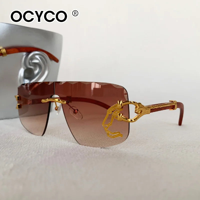 Trend Golden Lion Decoration Rimless Sunglass for Men Luxury Brand Designer Vintage Square Eyewear UV400 Outdoor Cycling Shades