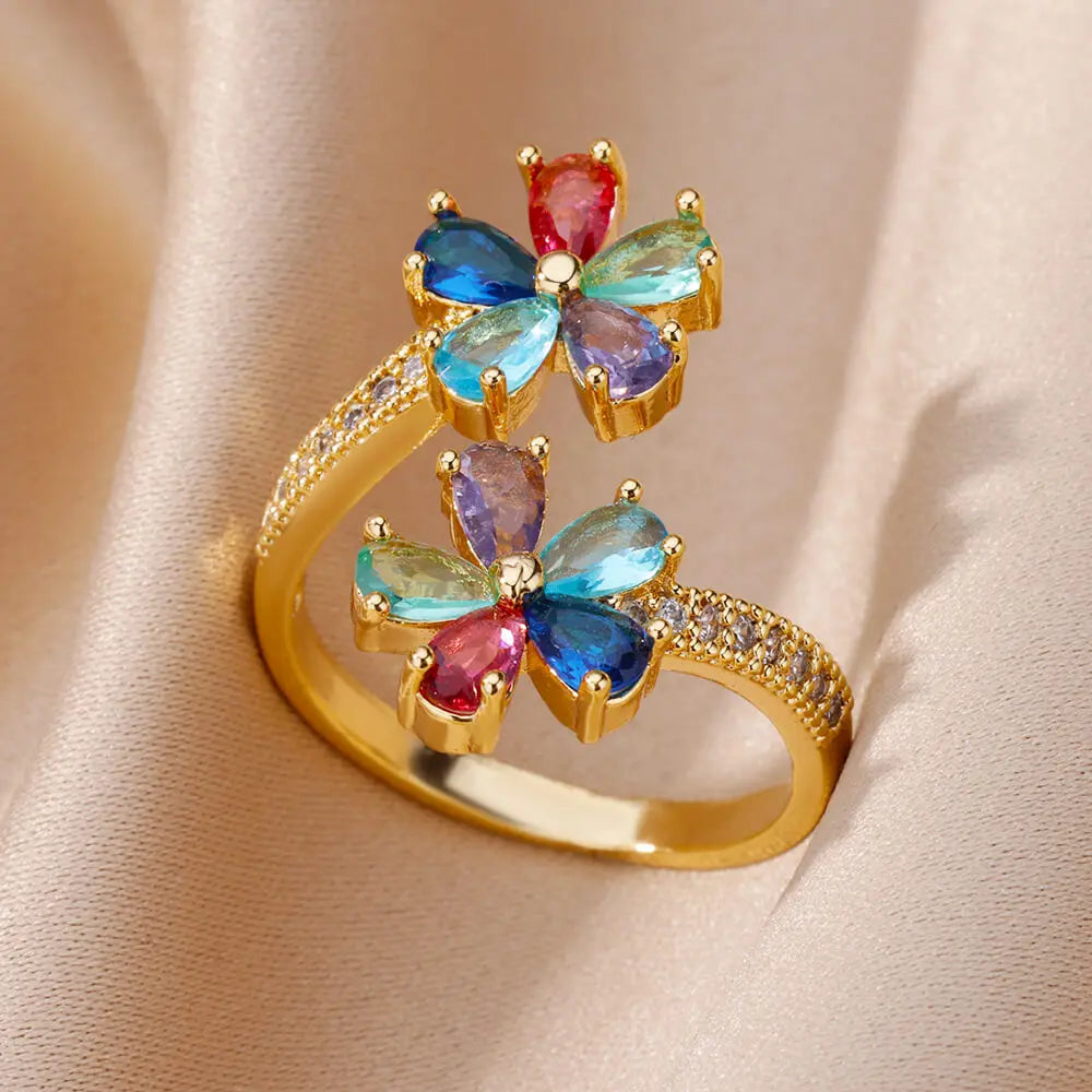 Colorful Cubic Zircon Ring for Women Stainless Steel Gold Color Open Ring Vintage Boho Wedding Party Jewelry Gift Accessories