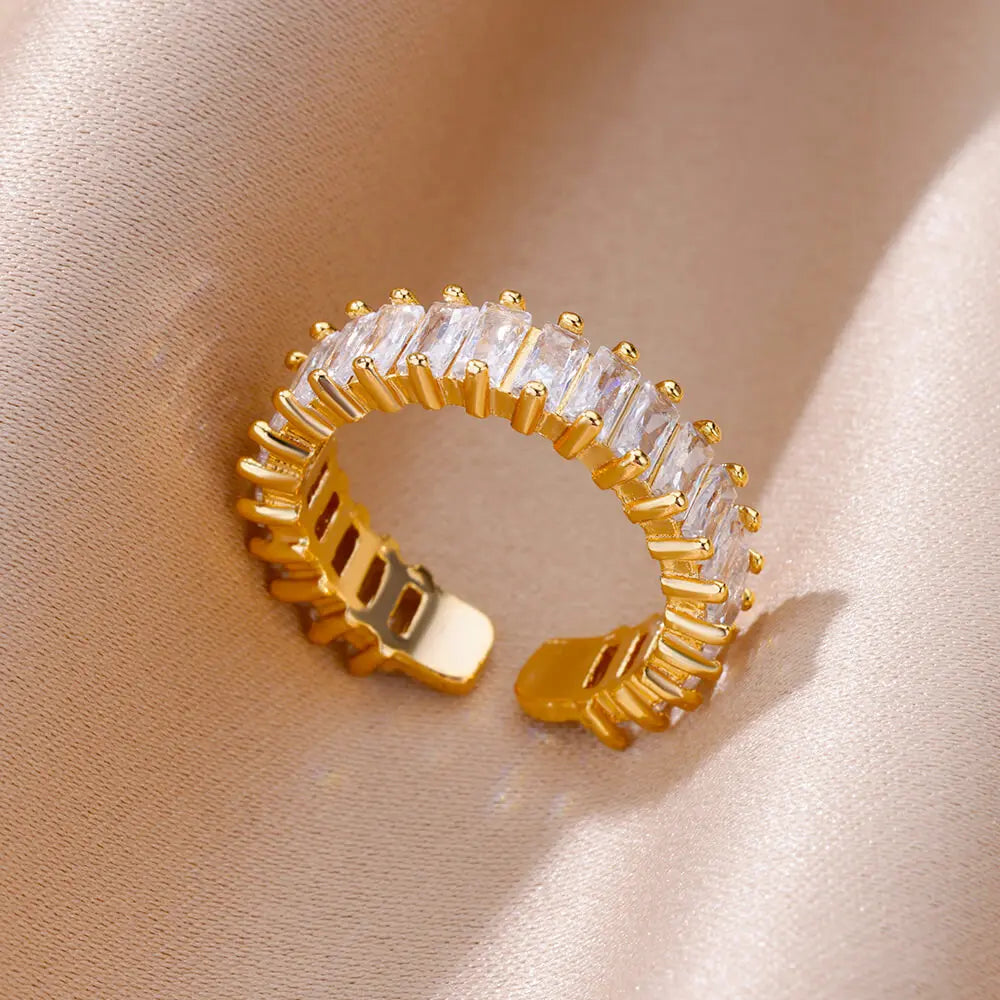 Colorful Cubic Zircon Ring for Women Stainless Steel Gold Color Open Ring Vintage Boho Wedding Party Jewelry Gift Accessories