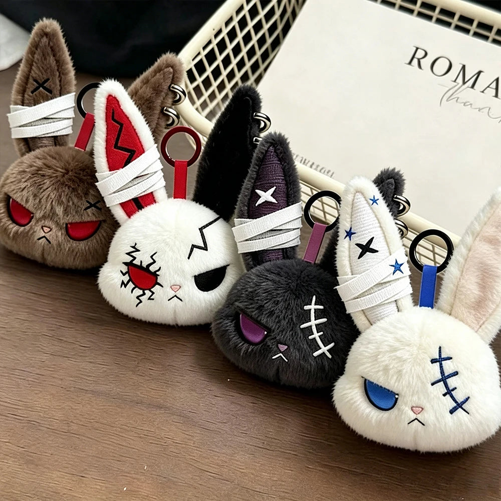 Hot Gothic Bunny Plush Keychain RabbitBag Charm with Bandage Desian Kawaii Key Ring Pendant Car Bag Ornament  Gift To