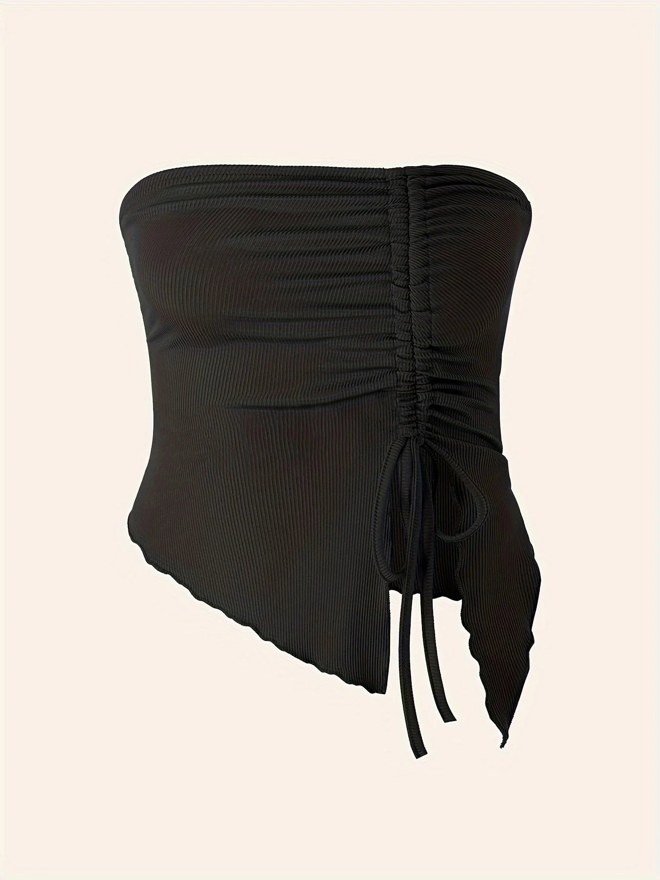 Spring Summer Y2K Women's Strapless Sleeveless Tube Top Mesh Ruched Side Asymmetrical Lace up Bandeau Cami Tank Tops Streetwear