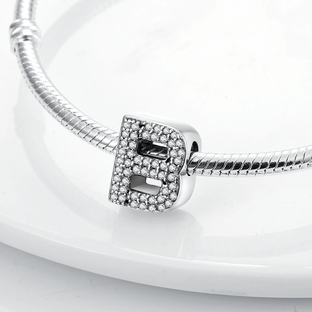 Original 925 Sterling Silver 26 Alphabet Letters Sparkling Zircon Charms Pendant Beads For Women Fine DIY Birthday Jewelry Gifts