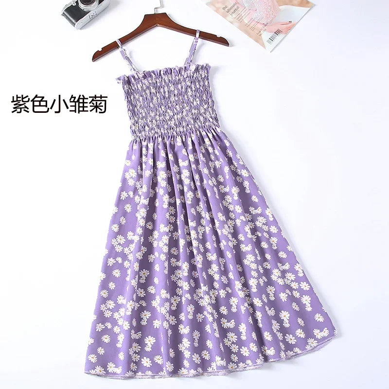 Summer Chiffon Camisole Sleeveless Dress Women Mini Dresses Fashion Elastic  Waist Casual Spaghetti Strap Dresses Vestidos Girls