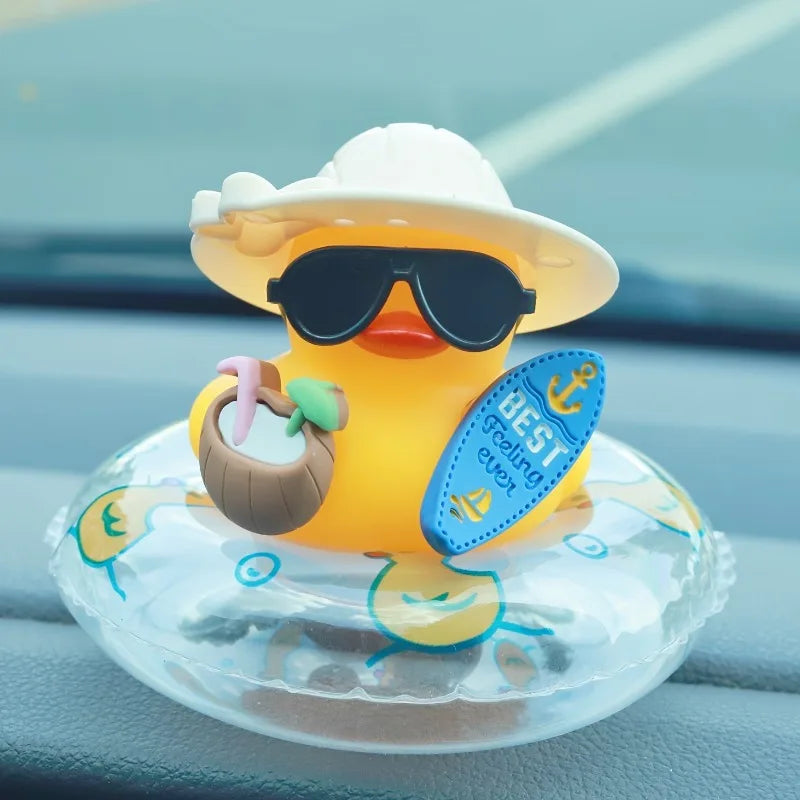 Cool Summer Duck Car Dashboard Decor, Rubber Duck with Swim Ring & Sunglasses, Cute Beach-Themed Ornament for Car Interior Gifts