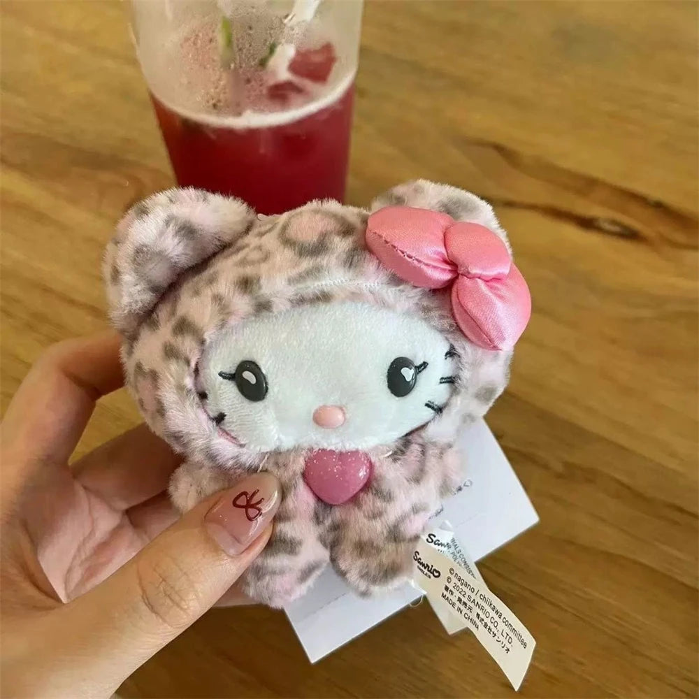 Sanrio Leopard Print Bear Series Hello Kitty Keychain Pendant Cartoon Kitty Cat Plush Doll Pendant Keychain Bag Decorations Gift