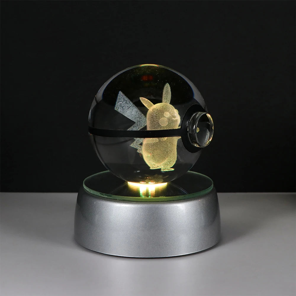 Pokemon 3D Crystal Ball Pikachu Figure Pokeball Engraving Crystal Charizard Model with Led Light Base Toys Anime Christmas Gift
