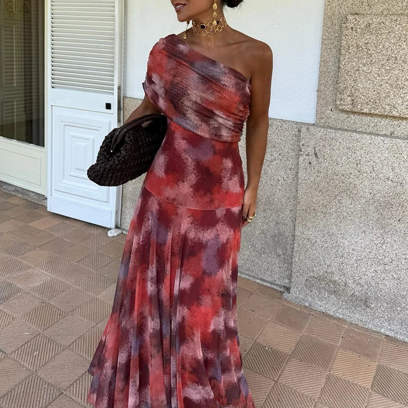 Casual Asymmetrical Dress Summer Slanted Collar High Waist Pleats Long Dress Lady Elegant One Shoulder Sleeve Slim Banquet Dress