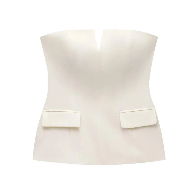 HXAO Tops For Women Strapless Off White Crop Top Woman Summer Corset Tube Tops Sexys Backless Tank Top Sleeveless Solid Tops