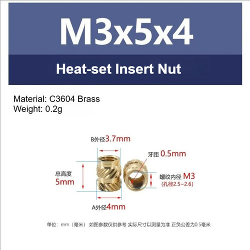 100pcs M3 Thread Knurled Brass Threaded Heat Set Heat Resistant Insert Embedment Nut for 3D Printer Voron 2.4 M3x5x4