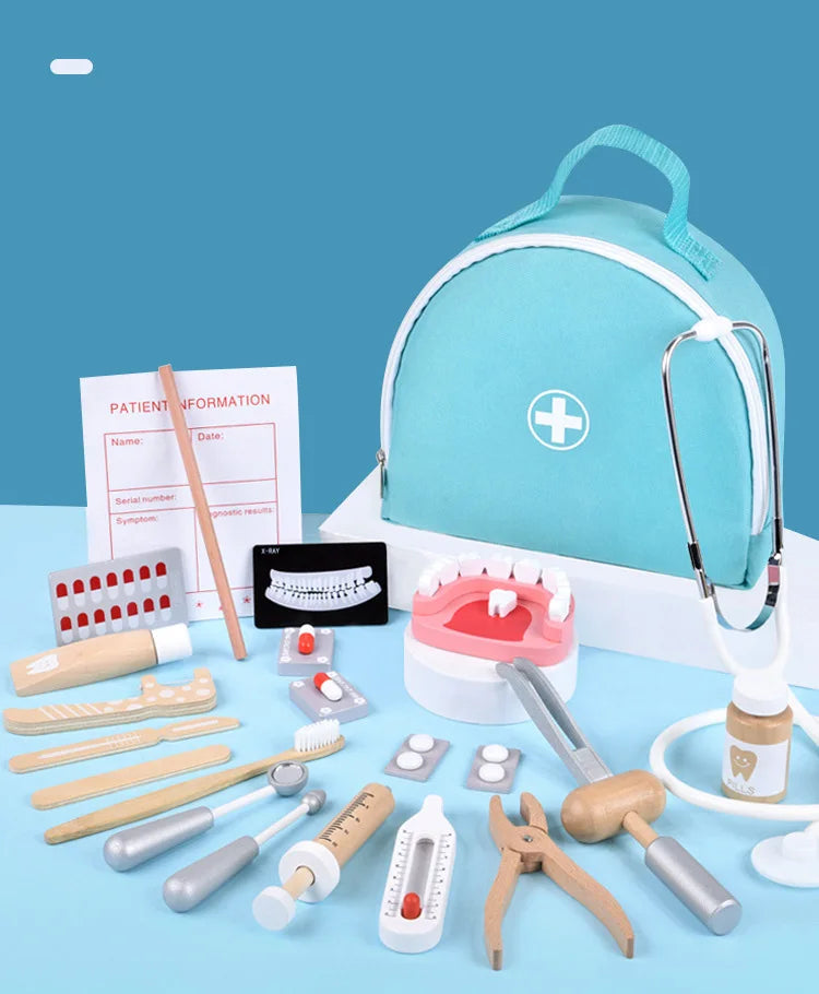 Wooden Pretend Play Doctor Educational Toys for Children Simulation Dentist Check Brush Teeth Medicine Set Role Playing Games
