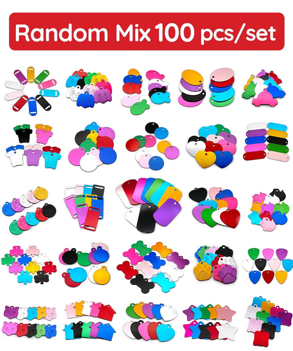 Random Mix 100pcs Aluminum Blank ID Tag Personalized Pet Dog Cat Name Plates Custom Pendant Engravable Ornament Accessories