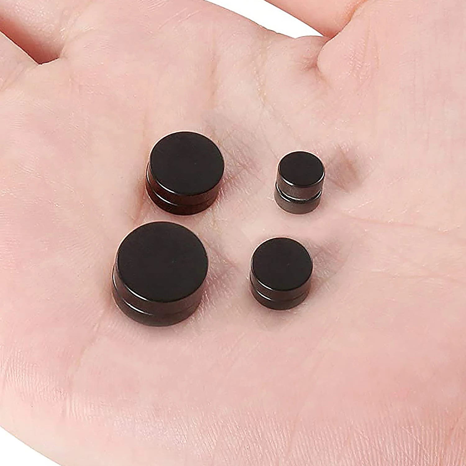 1 Pair 6-12mm Black Stainless Steel Hypoallergenic Magnetic Fake Gauges Earring Studs for Men Women Non Pierced Earrings