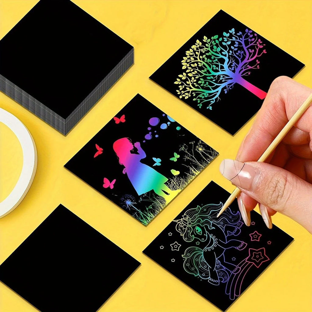 100pcs Scratch Paper Art Set Scratch Off Rainbow Magic Paper with 2 Bamboo Stylus Black Scratch Notes Xmas Birthday Gift Card