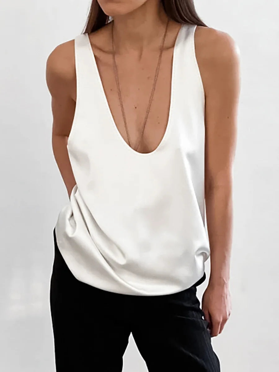 2026 New Solid Color Satin Sleeveless Top for Women U Neck Active & Street Style Soft Comfortable Casual Daily Party Wear