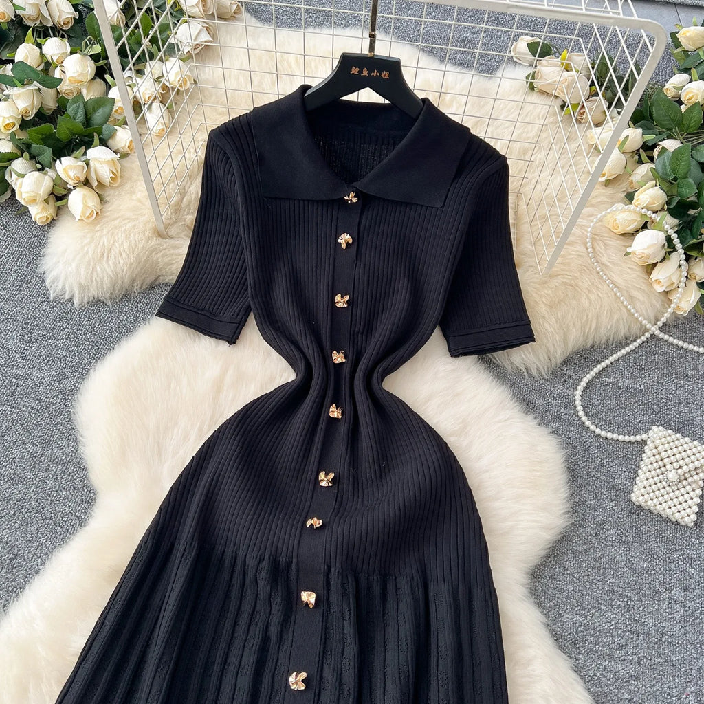 YuooMuoo Chic Fashion Elegant Patchwork Knitted Maxi Dress 2025 Summer Lady Turn-down Collar Shirt Sweater Dress Party Vestidos