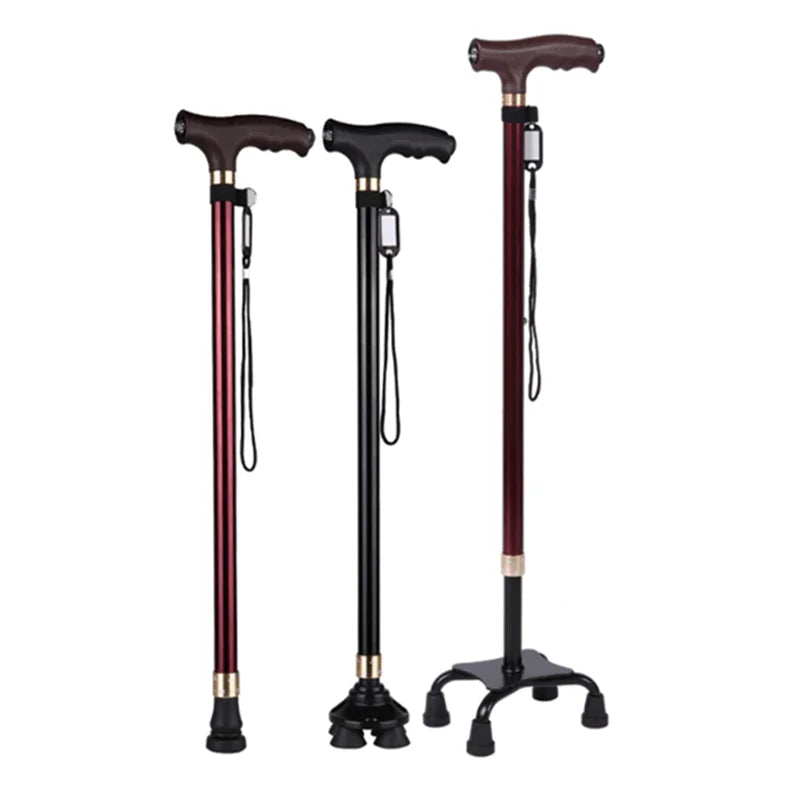 LED Light Non-Slip Elderly Walking Sticks Aluminum Alloy Multifunctional Crutch with Big Four Feet for Old Men