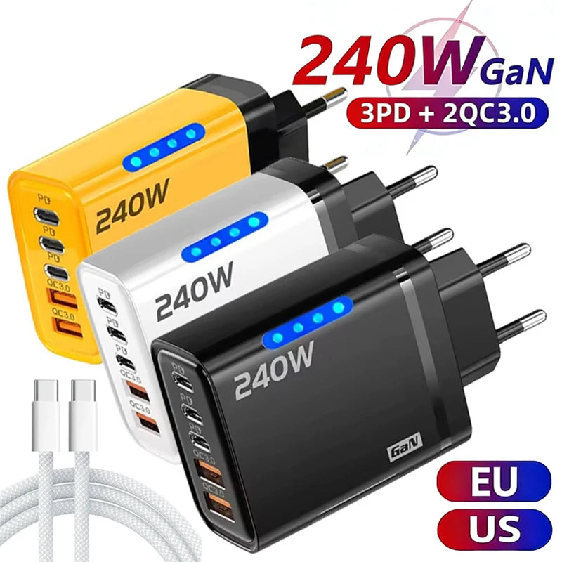 5 in 1 GaN USB C Desktop Charger 240W Fast Charge Phone Adapter braid Type C Cable For iPhone Samsung Xiaomi EU/US Plug Charger