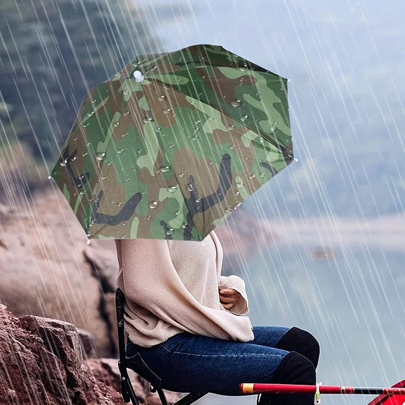 Foldable Headwear Umbrella Portable Waterproof Fishing Hat 55CM Hands-Free Rain Hat For Hiking Camping Camouflage Umbrella Adult