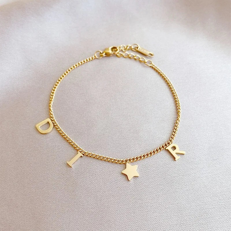 1Pc New Fashion Letter Star Pendant Bracelet for Woman, Simple Vintage Stainless Steel Bracelet Luxury Jewelry Accessories Gifts